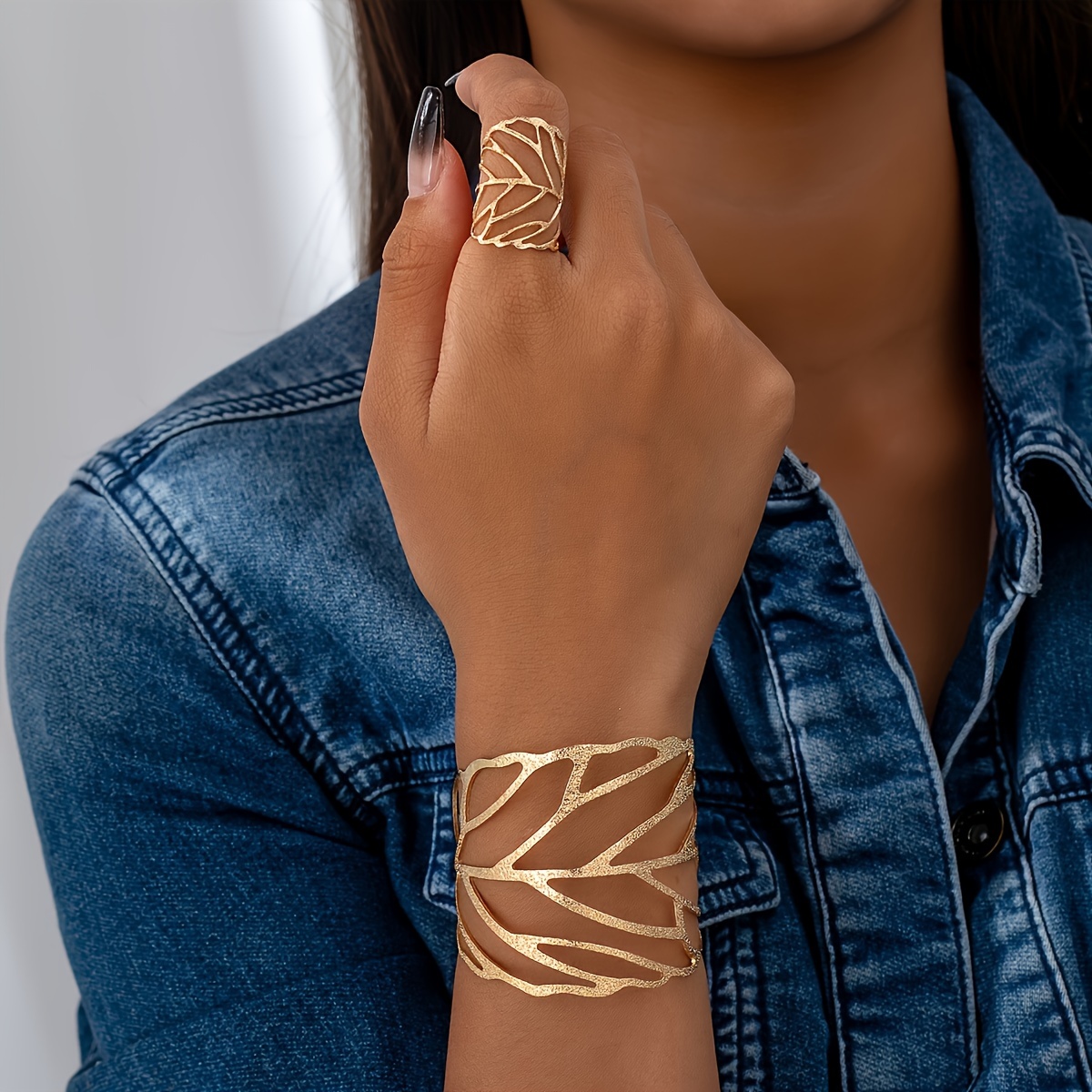 Vintage Leaf Jewelry Set: Cuff Bracelet & Ring Combo